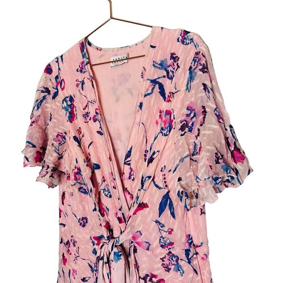 TANYA TAYLOR Pink Floral Silk Wrap Short Sleeve Ruffle V-Neck Midi Dress Size 20 - Picture 4 of 14